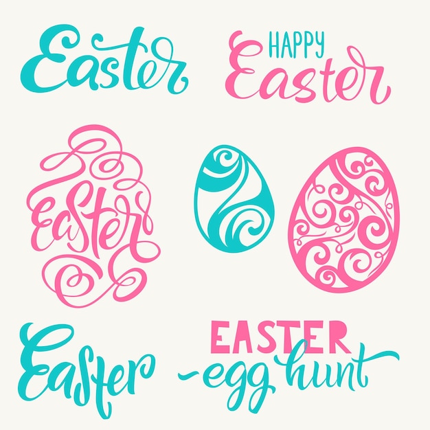 Set handgeschreven happy easter belettering kalligrafische etiketten ontwerpelementen en eieren voor pasen vector illustratie