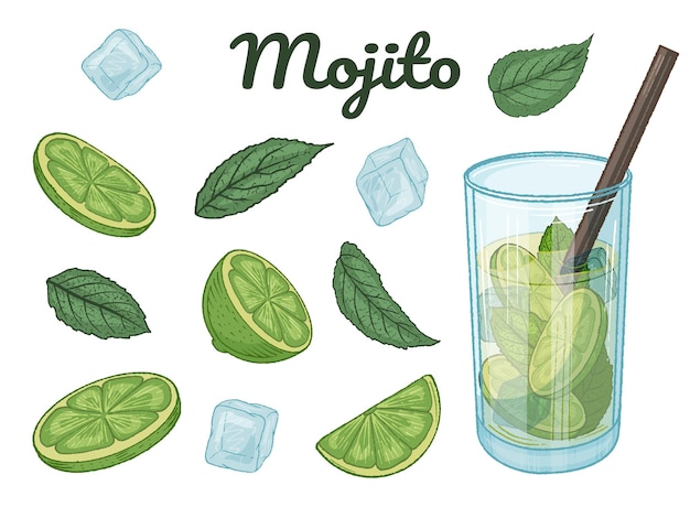 Vector set handgetekende cocktailmojito, limoen, munt en ijsblokjes. vector illustratie. geïsoleerd op wit.