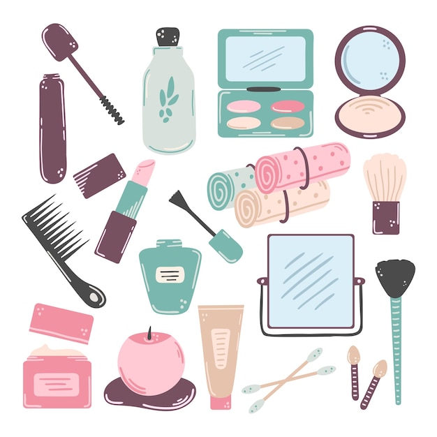 Set handgetekende decoratieve cosmetica gezichtsverzorgingsproducten