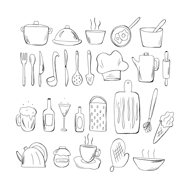 Set handgetekende elementen voor keuken. Doodle stijl. vector illustratie