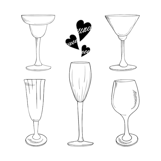 Set handgetekende glazen voor alcoholische dranken geïsoleerd op een witte achtergrond