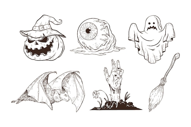 Set handgetekende halloween-illustraties