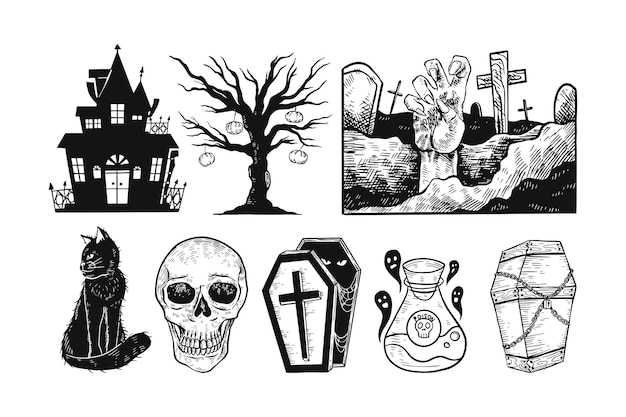 Set handgetekende Halloween-illustraties