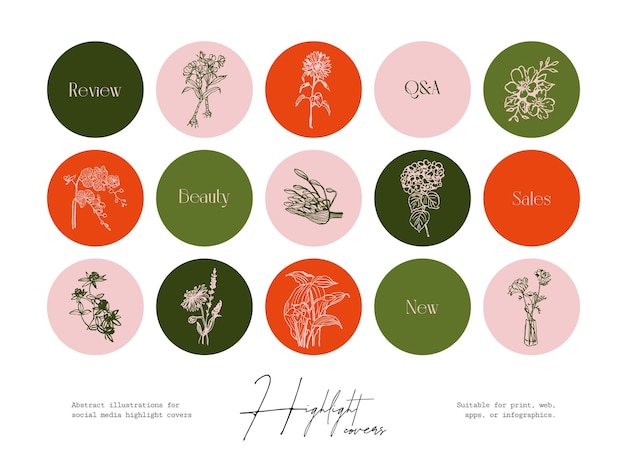 Set handgetekende inktbloemen en botanische illustraties voor omslagen van sociale media-hoogtepunten