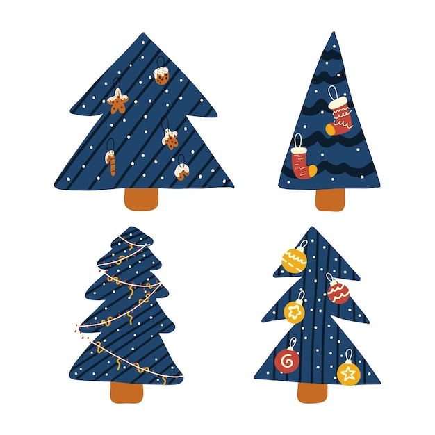 Set handgetekende kerstbomen. vector illustratie. collectie van new year's elementen.