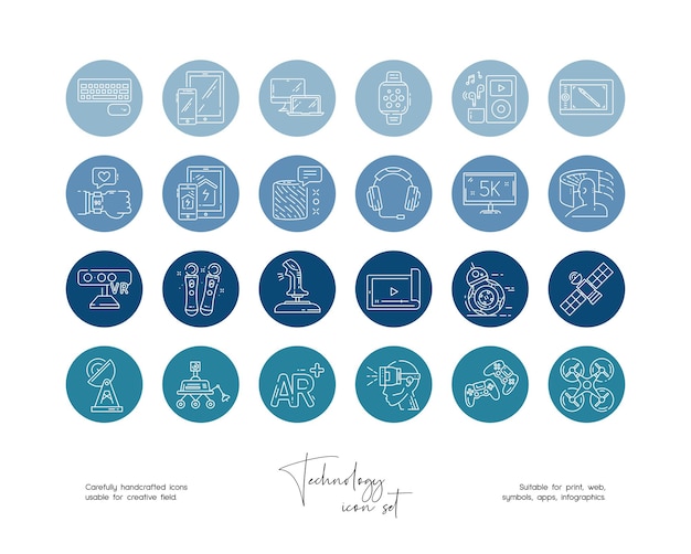 Set handgetekende lijntekeningen technologie vectorillustraties voor sociale media of branding