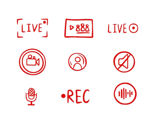 Vector set handgetekende live streaming doodle iconen video-uitzending knop rode symbolen tv nieuwsshows