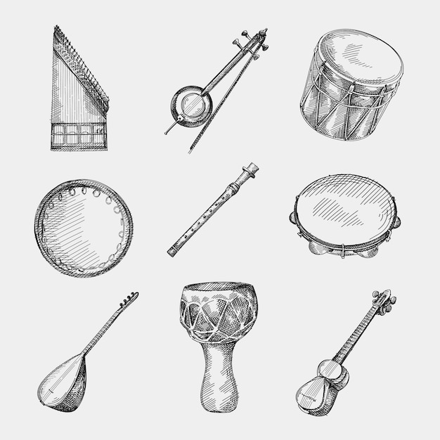 Set handgetekende nationale Azerbeidzjaanse muziekinstrumenten. Qanun of Kanun, Kemenche, Boyuk nagara, Dilli kaval, Daf of Qaval, Saz of Baglama, Tar, Dumbek