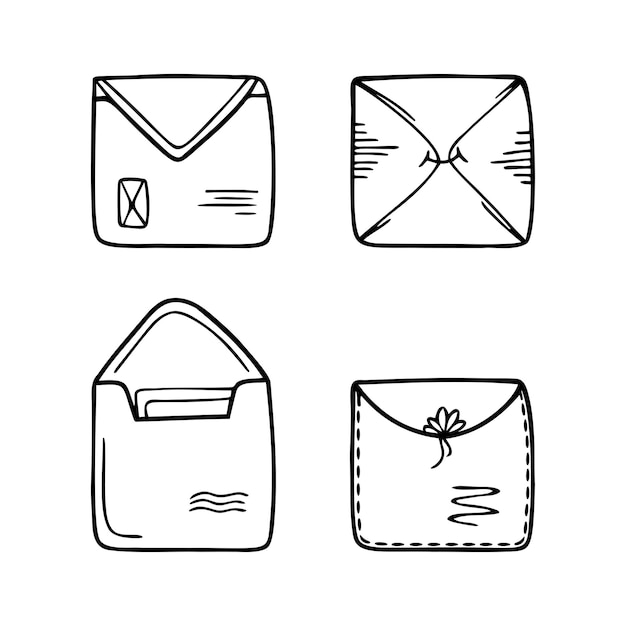 Set handgetekende papieren enveloppen voor brieven geïsoleerd op een witte achtergrond