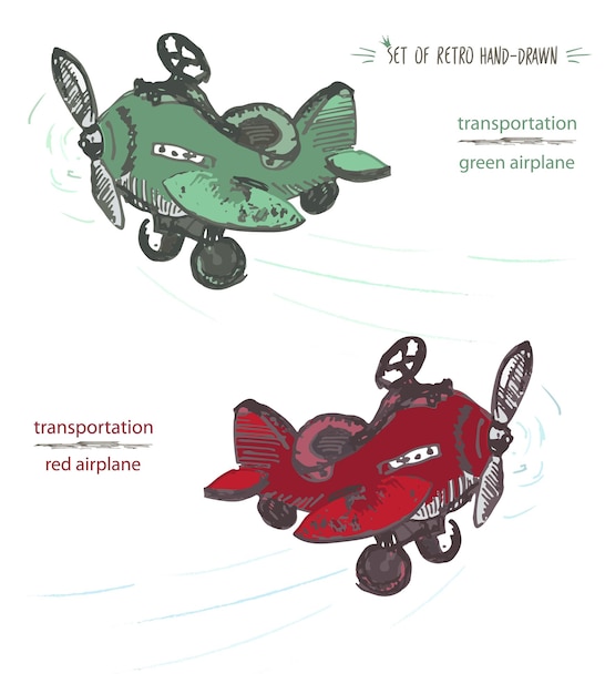 Set handgetekende rode en groene vliegtuig Inkt penseel schets