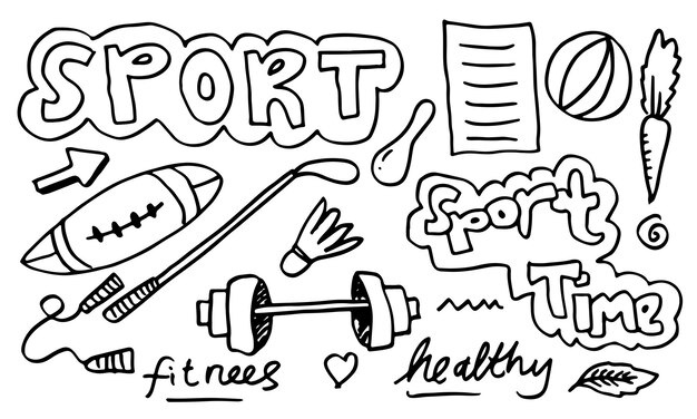 Vector set handgetekende sport doodles met bal golf club fitness en gym elementen