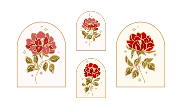 Set handgetekende vintage retro vrouwelijke peony bloem, blad, frame lijntekeningen logo en label