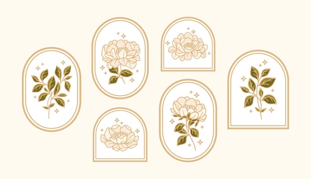 Set handgetekende vintage retro vrouwelijke peony bloem, blad, frame lijntekeningen logo en label