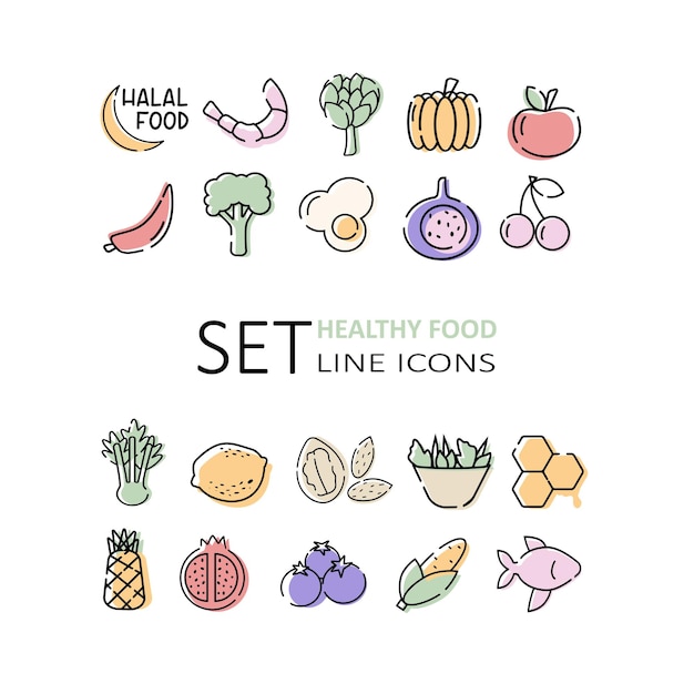 Set handgetekende voedselpictogrammen - groenten, fruit, eieren, vis, kers, halal voedsel, noten, salade