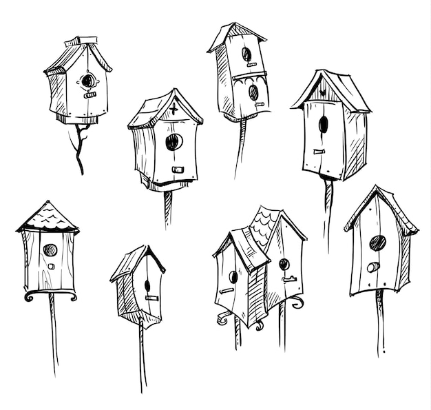 Set handgetekende vogelhuisjes vector lijntekening