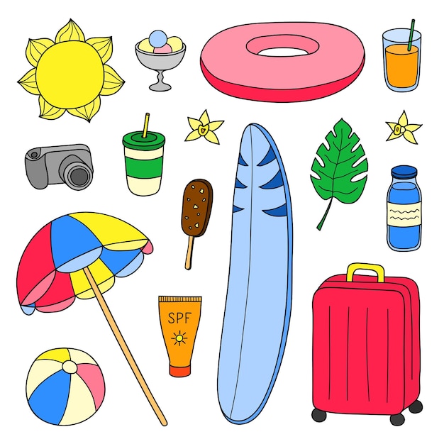 Set handgetekende zomer- en vakantieartikelen