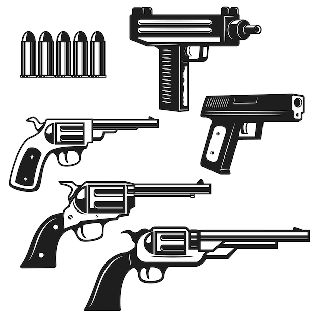 Set di pistole e revolver su sfondo bianco. elementi per logo, etichetta, emblema, segno. illustrazione