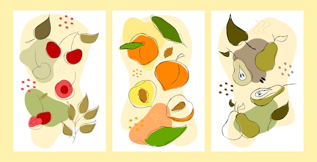 Набор абстрактных рисунков ручной работы вишни персики груши фрукты Дизайн для обертки открыток плакатов