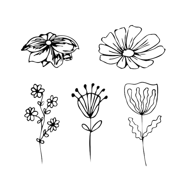 Vector set of handmade flowers in doodle style