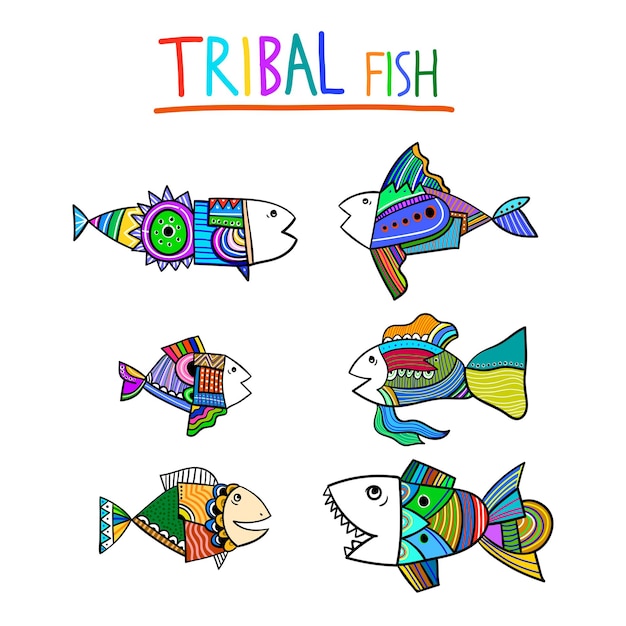 Set of handmade vector colorful tribal fish Collection of marine animals