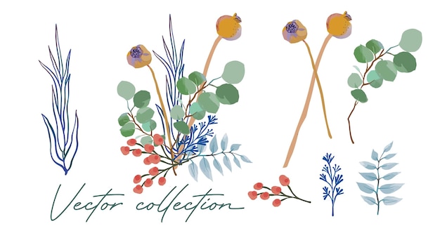 Set of handpainted watercolor vector flowers and leaves vector design