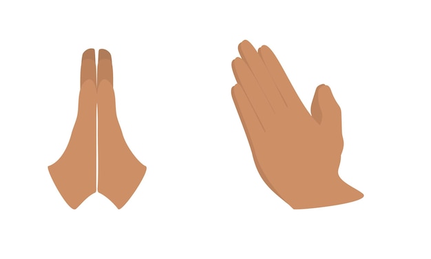 Set handpalmen gevouwen voor gebed. Afro-Amerikaanse of Latijns-Amerikaanse hand. Vectorillustratie.