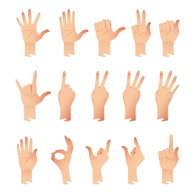 Set of hands in different gestures emotions  on white background