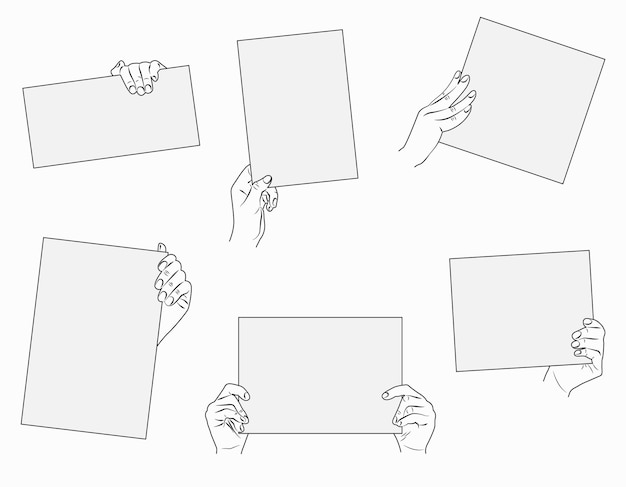 Vector set of hands holding blank piece of paper for messages. female hands holding different banners.