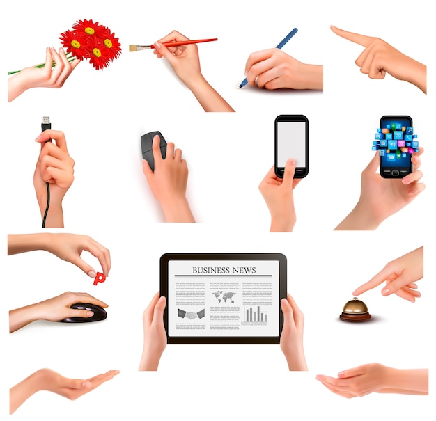 Set of hands holding different business objects