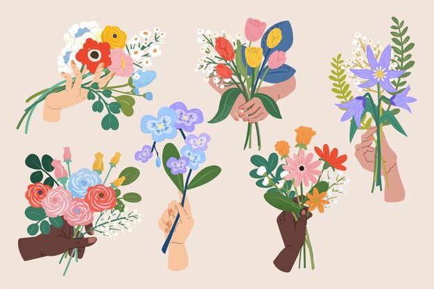 Vector set of hands holding flowers