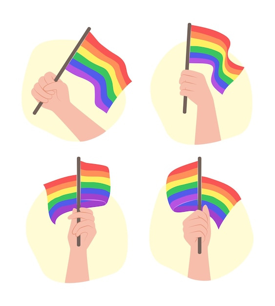 Set of Hands Holding LGBT Rainbow Flags for Gay Pride Concept Illustration