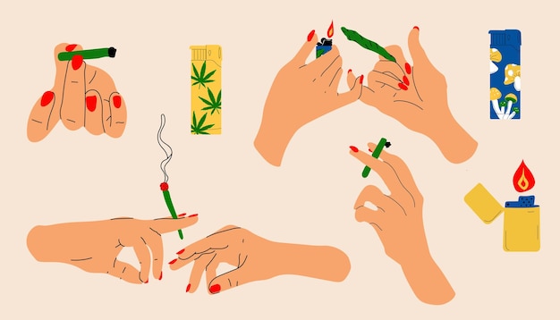 Set of Hands holding a lighter and a cigarette. Vector in cartoon style. All elements are isolated