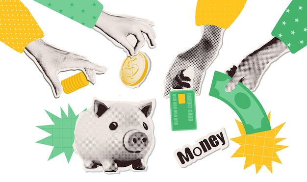 Set of hands holding money elements for yk collages halftone retro piggy bank coins plastic card