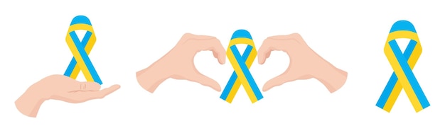 Set of hands holding ribbons with the ukraine flag antiwar set of the ukrainian war international down syndrome day