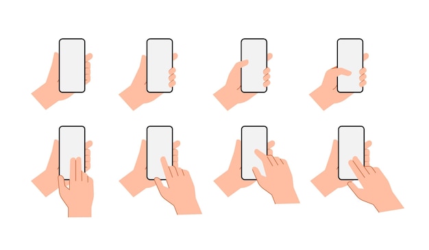 スマートフォンを握る手のセット 携帯電話のベクトルイラストにタッチジェスチャーを使用する人々