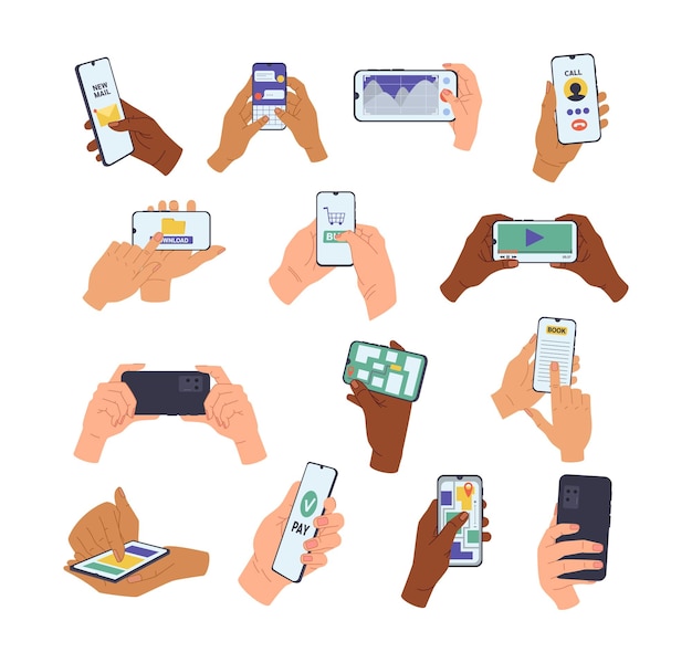 Vector set of hands holding smartphones with different apps