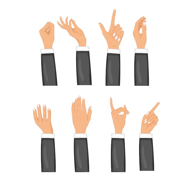 Вектор Установите руки в разных жестах изолированно. набор цветных жест рукой. коллекция эмоций, знаков.