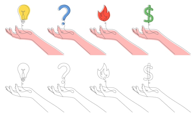 Set of hands line art style Hand holds brains question fire dolar Vector illustration
