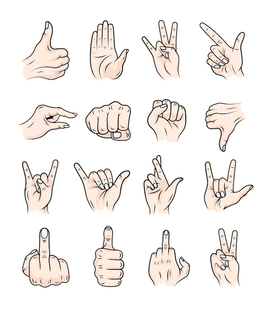 A set of hands in a modern style. different hand gestures.