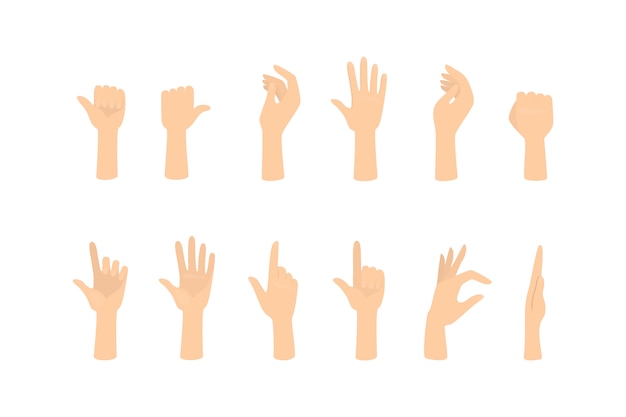 Set of hands showing different gestures. Palm pointing at something.    illustration