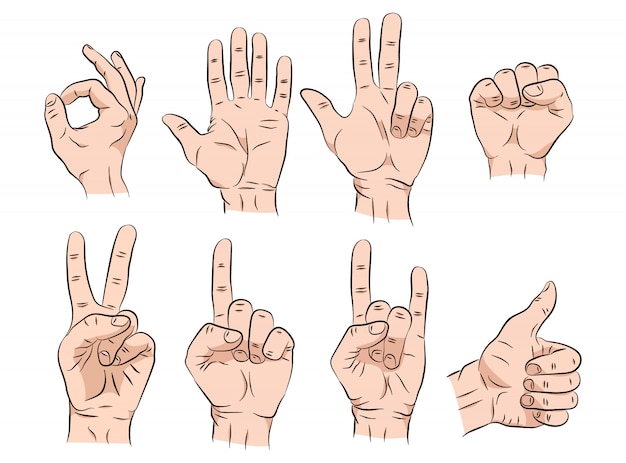 Set of hands sketch in different gestures emotions and signs