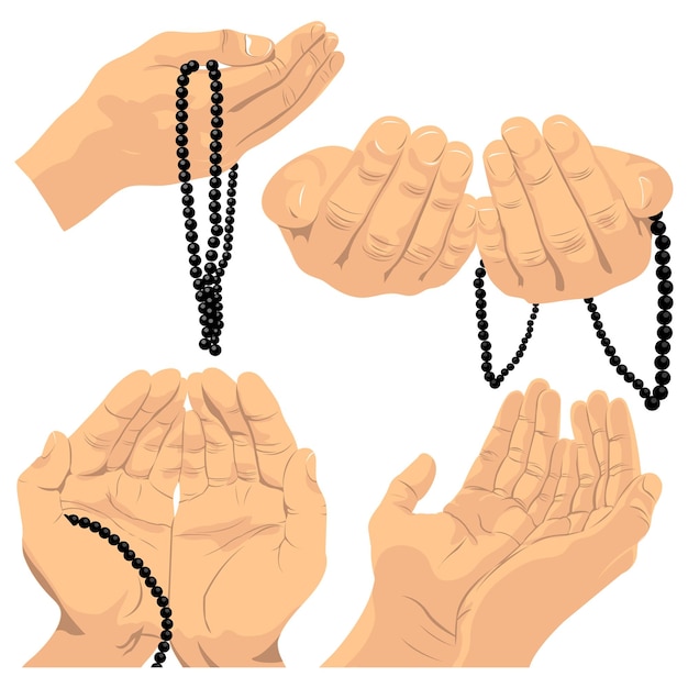 Vector a set of hands with prayer beads on a white background