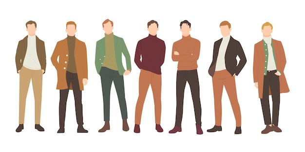 Set of handsome man posing in stylish autumn outfits people flat design illustration