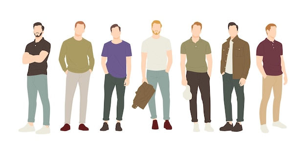 Set of handsome man posing in stylish outfits people flat design illustration