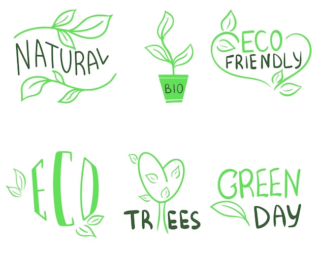 Set di icone ecologiche e organiche scritte a mano illustrazione vettoriale simboli verdi dimenticati della natura