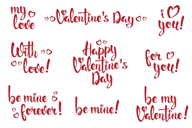 Set of handwritten lettering for valentine s day on white background