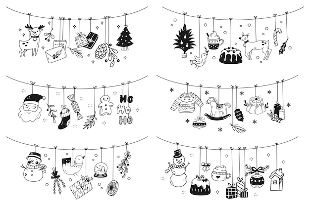 Vector set hangende kerstversiering doodles