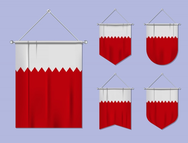 Set hangende vlaggen bahrein met textiel patroon. diversiteitsvormen van het land van de nationale vlag. verticale sjabloonwimpel