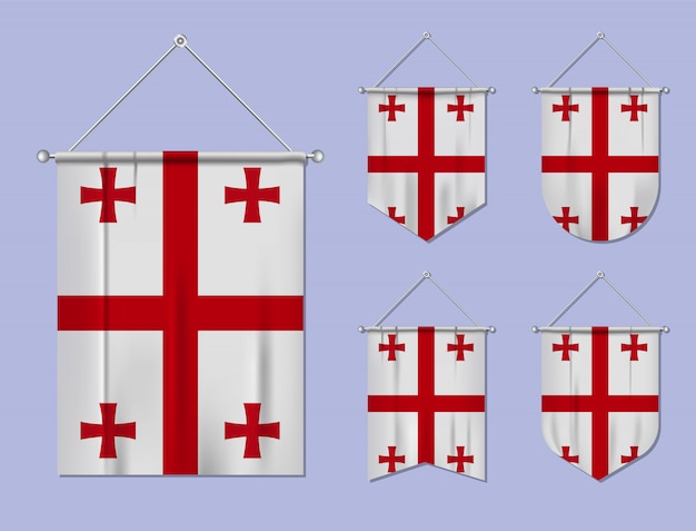 Набор висящих флагов Грузии с текстильной текстурой. Разнообразие форм национального флага страны. Вертикальный шаблон вымпела