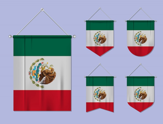 Set of hanging flags mexico with textile texture. diversity shapes of the national flag country. vertical template pennant